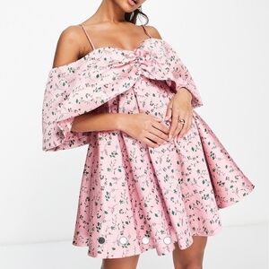 Size 4, ASOS EDITION off shoulder drape sleeve textured jacquard mini dress